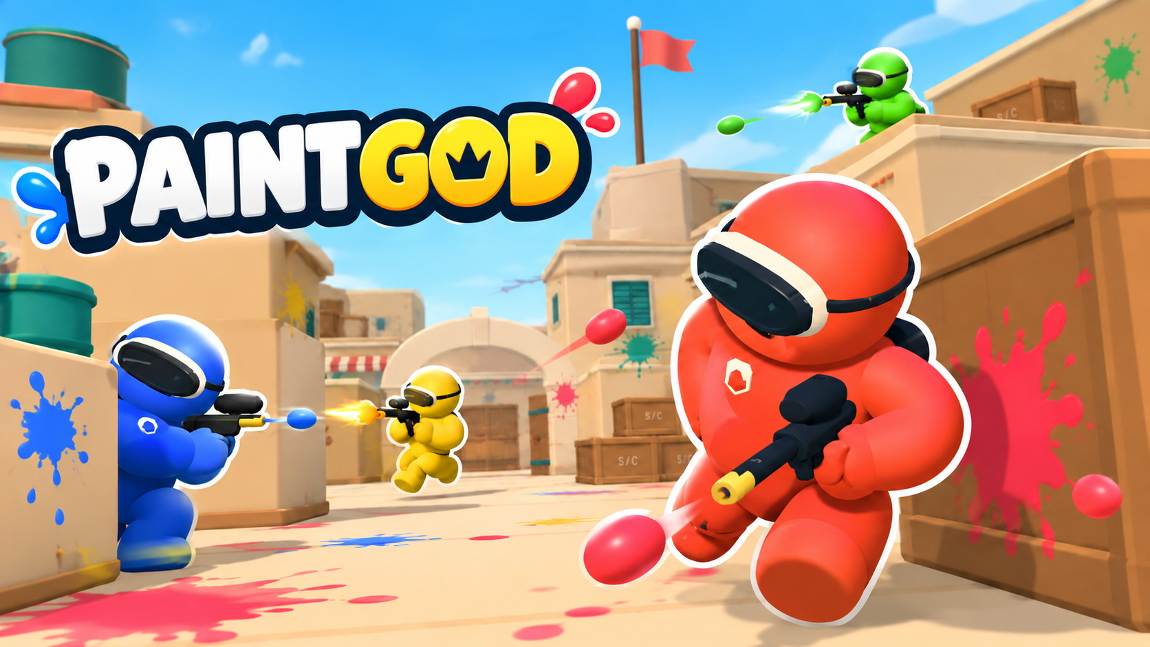 PaintGod: colorful paintball characters battle in a desert arena